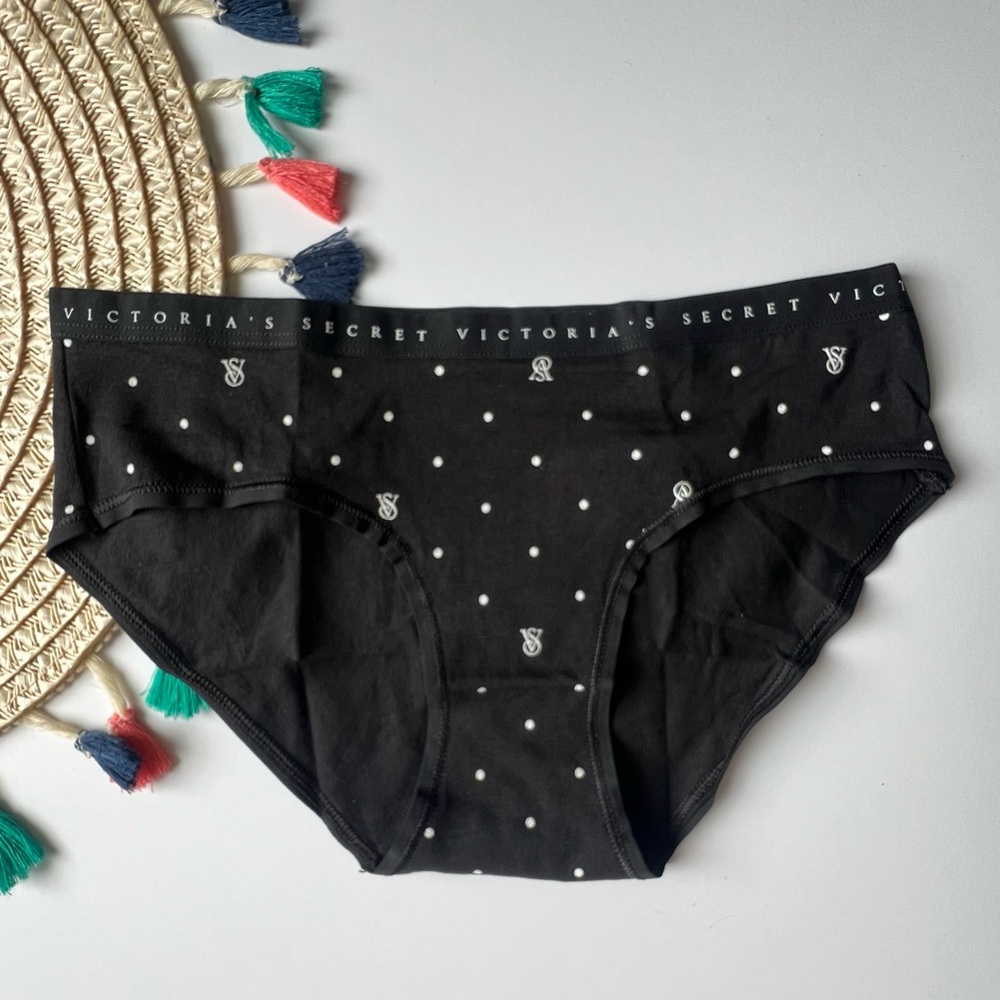 Victoria's Secret Stretch Cotton Hiphugger Panty Black VS Logo Dot XS NEW